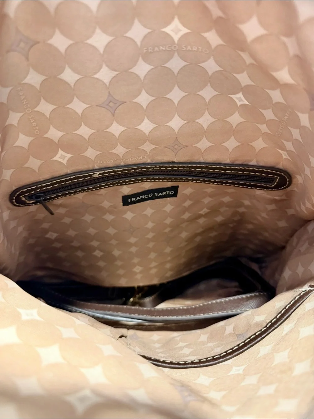 Vintage Franco Sarto Canvas Leather Fold Over Shoulder Bag in Beige/Dark Brown